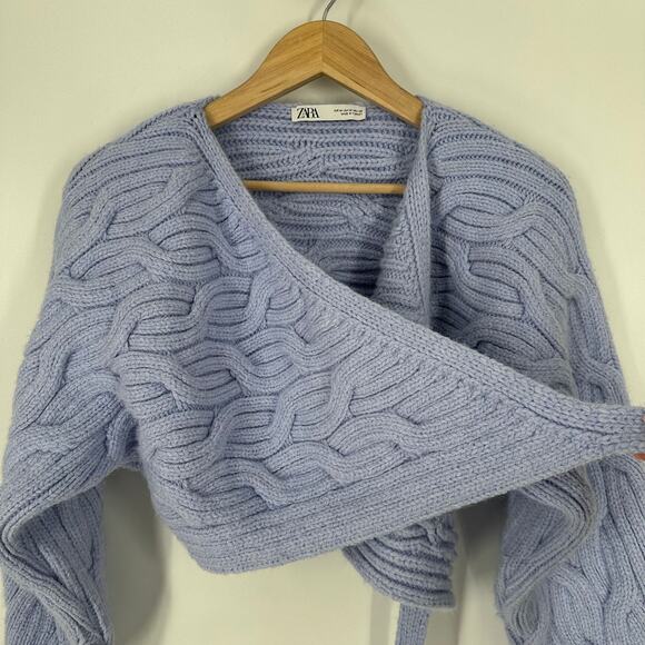 ZARA Wrap Cardigan Chunky Cable Knit Cropped Sweater Periwinkle, Bloggers Fav - Picture 9 of 13